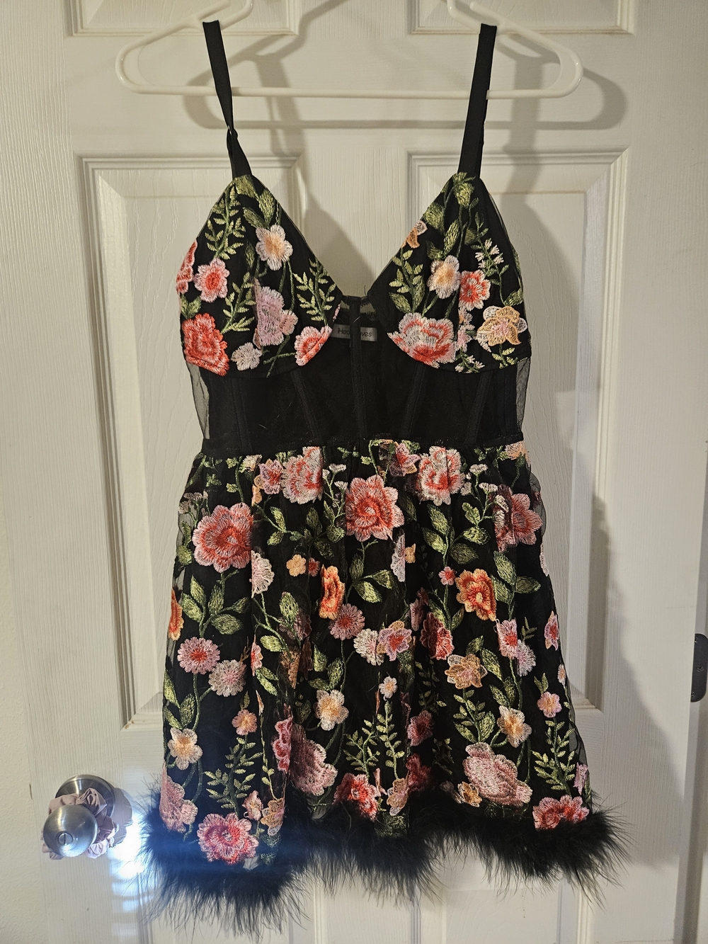 iHeartRaves Black Floral Embroidered Chemise with Feather Trim